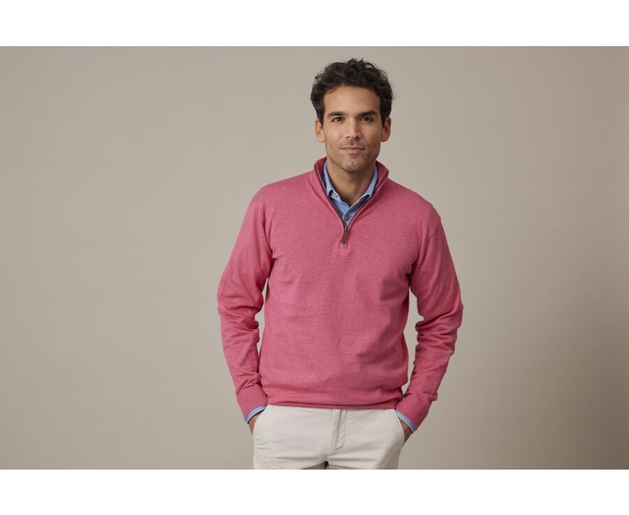 Pull fin homme coton bio/cachemire col zippé Framboise Chiné - VLAD