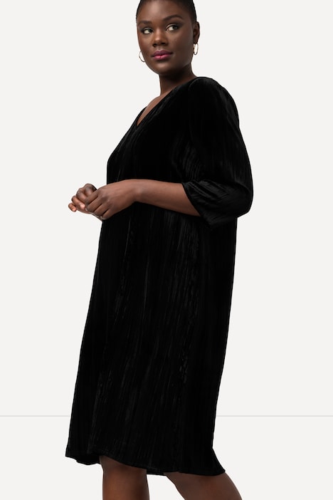 Samt-Midikleid, A-Linie, Crashsamt, V-Ausschnitt, 3/4-Arm
