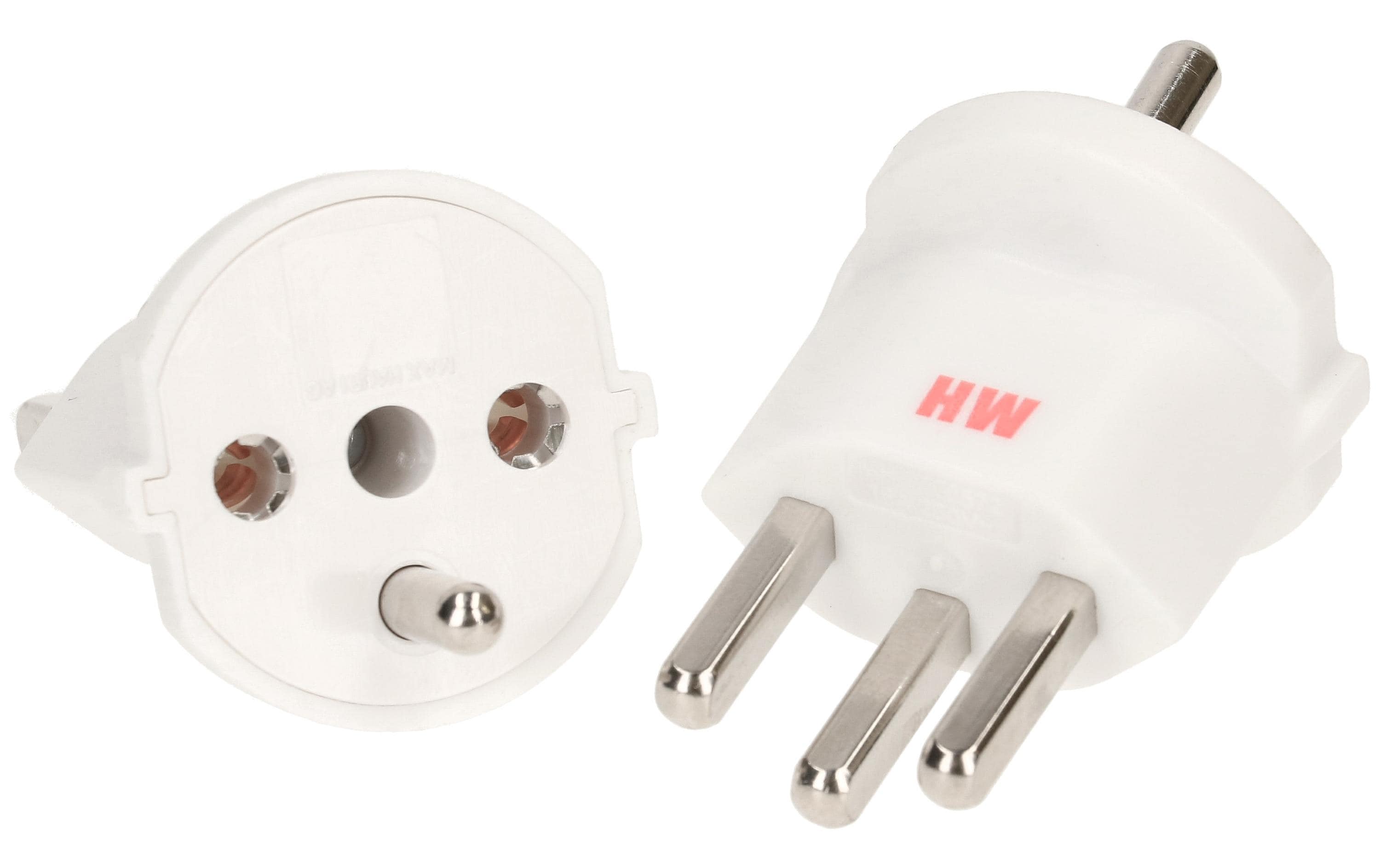 Fixadapter Schuko – Typ 23 WeissDeutsch Schuko auf Schweiz T23, 3-polig