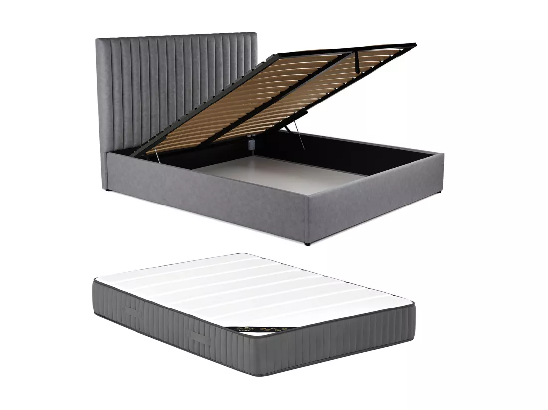 Lit coffre 140 x 190 cm avec tête de lit coutures verticales - Tissu - Gris + Matelas - SARAH