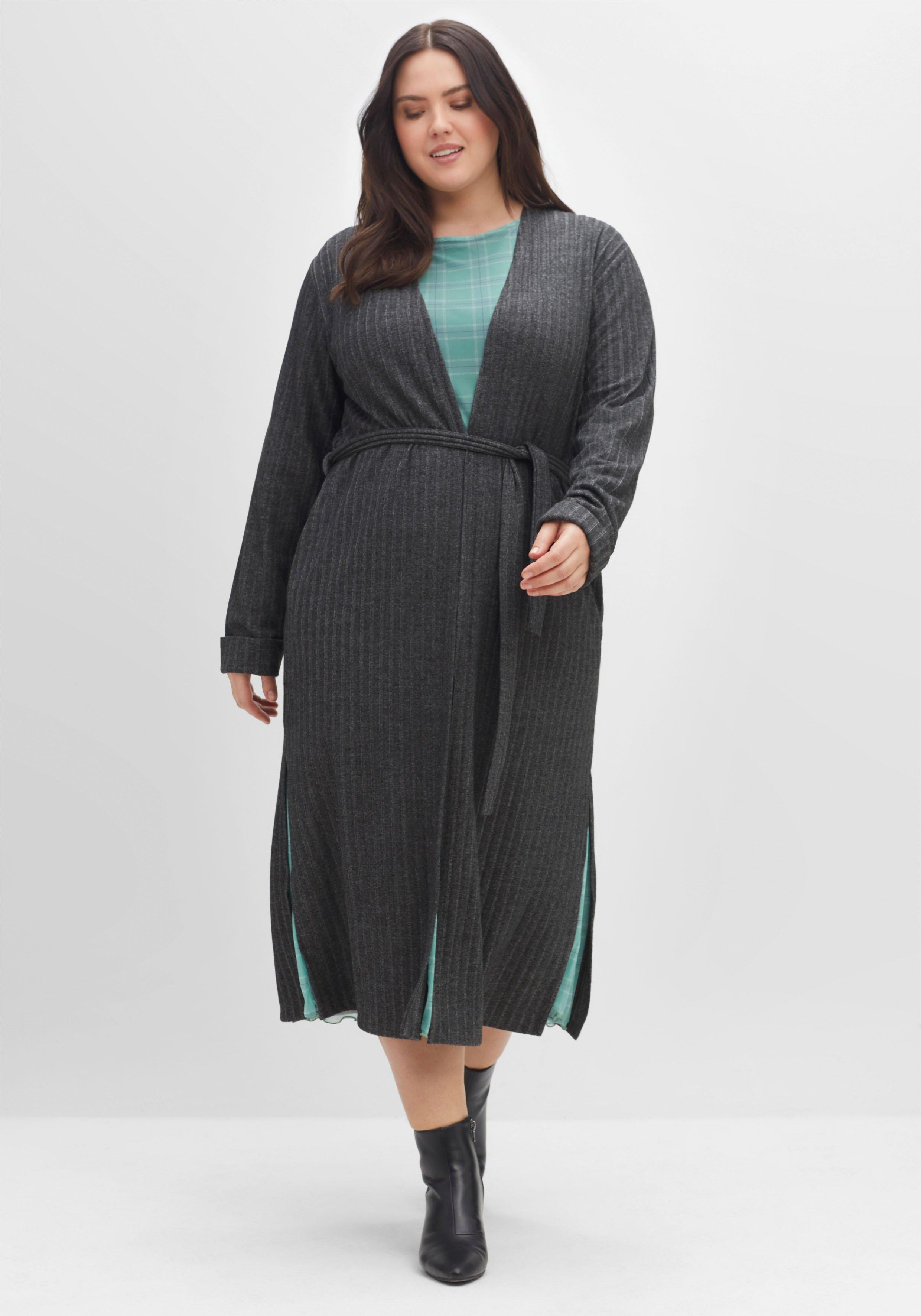 Longstrickjacke in Rippstruktur, mit Bindegürtel