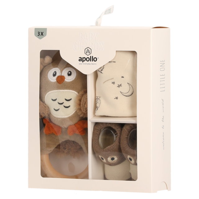 Apollo Neugeborenen-Geschenkset , Babyset, Eule, Lätzchen, Ring, Söckchen