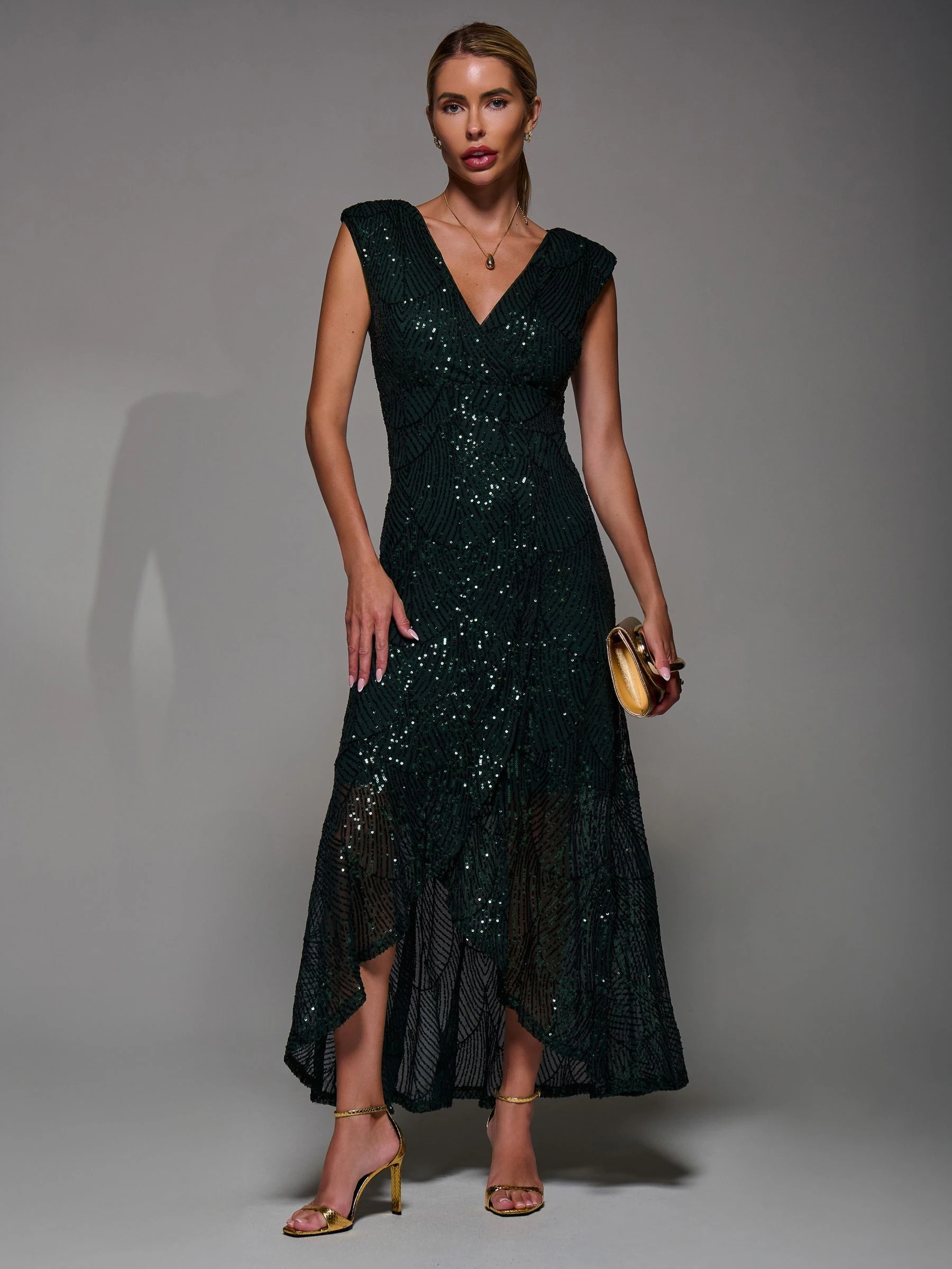 Donkergroen - Jolie Moi Sequin Asymmetric Ruffle Hem Maxi Dress