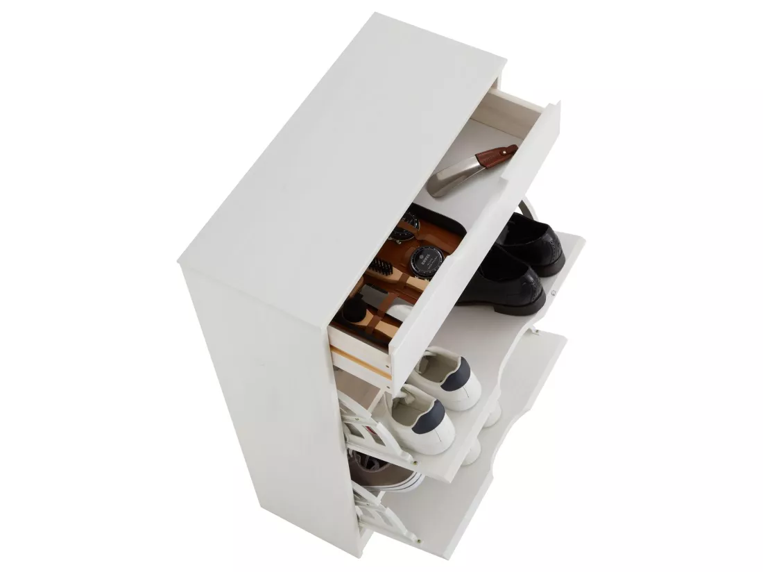 Meubles à chaussures BASIL rangement armoire avec 2 abattants et 1 tiroir, en pin massif lasuré blanc
