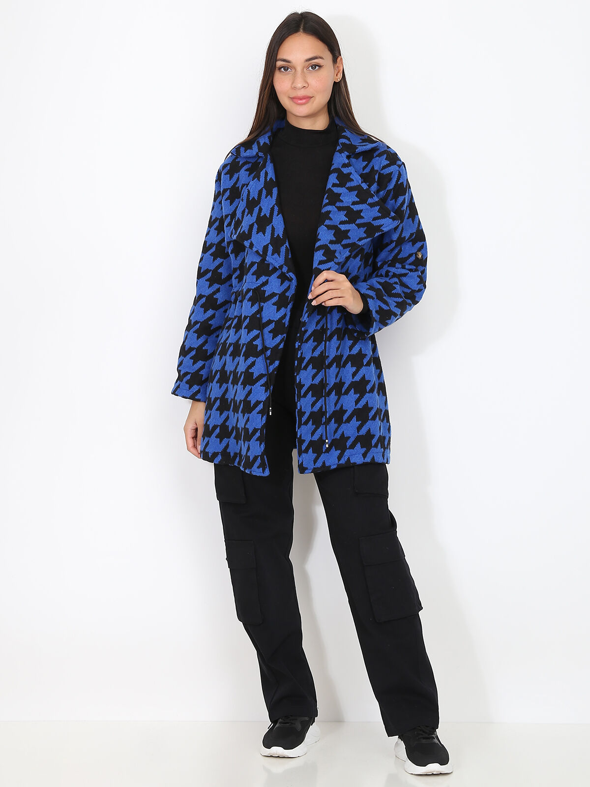 Manteau court à motif pied-de-poule- noir_bleu