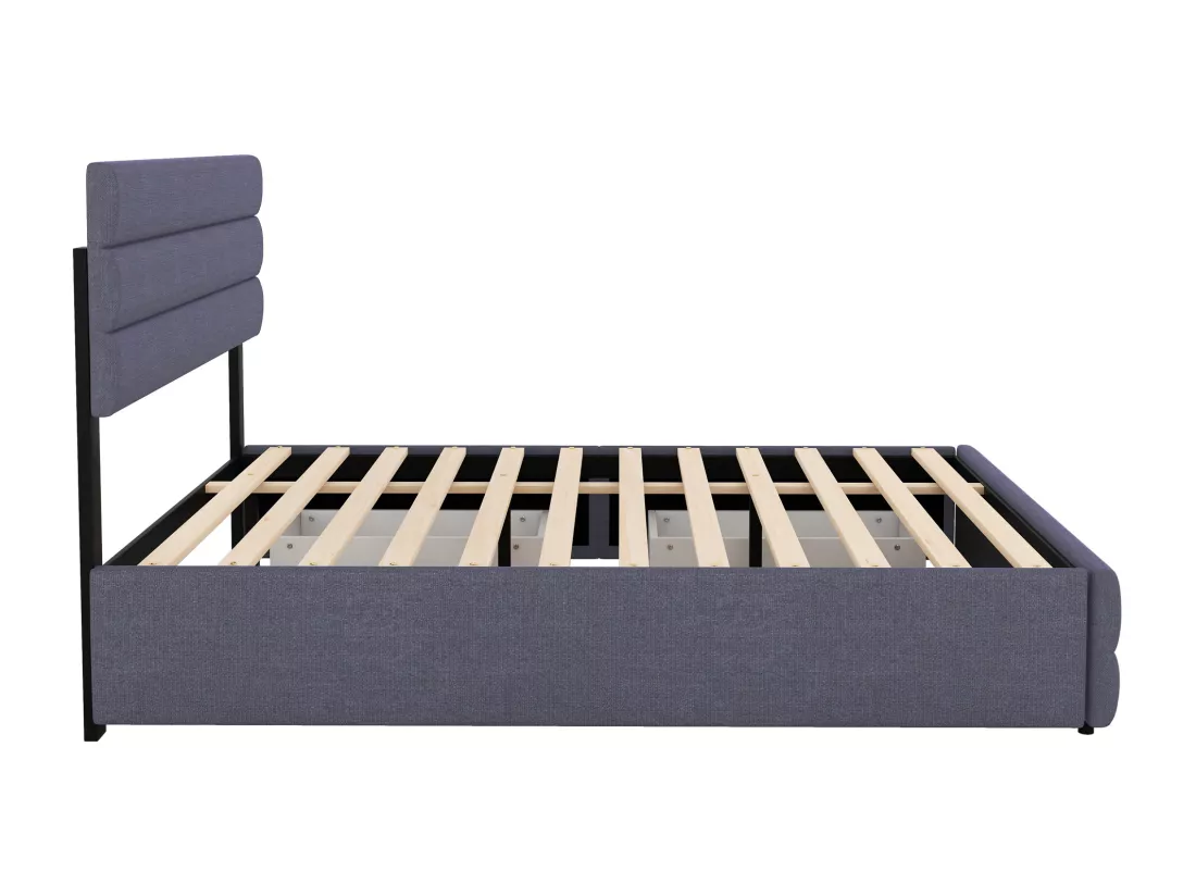 Lit adulte 140x200cm en tissu lin - avec un lit gigogne 90x190cm et 2 tiroirs - tête de lit réglable - Gris