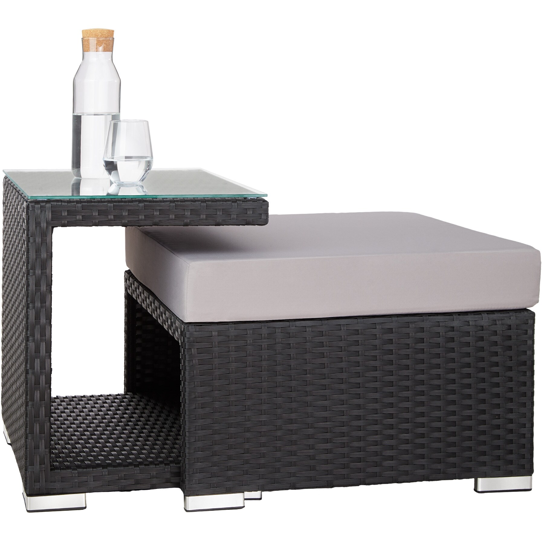 tectake® Rattan Lounge, mit Aluminiumgestell, wetterfest und UV-beständig, mit klapparem Sonnenschutz, mit Sicherheitsglasplatte, variabel aufstellbar
