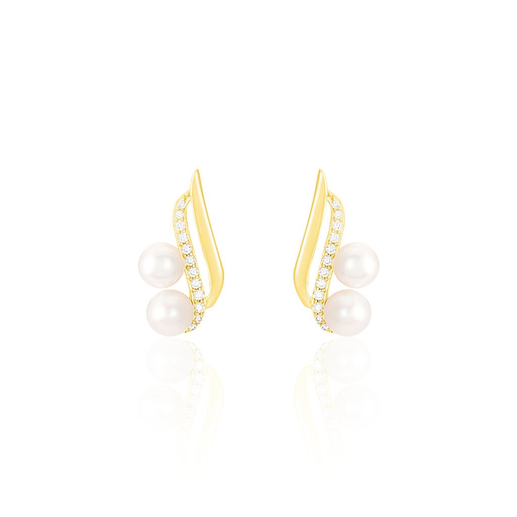 Boucles D'oreilles Puces Loeva Or Jaune Perle De Culture Et Oxyde