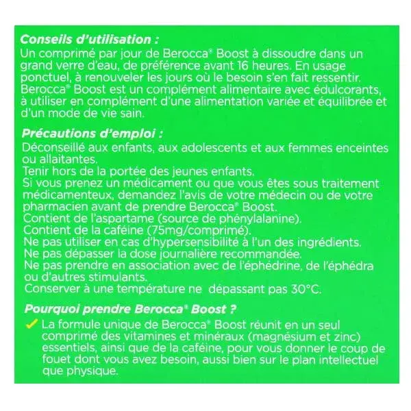 Berocca Boost Magnésium Vitamines Caféine et Guarana 30 comprimés effervescents