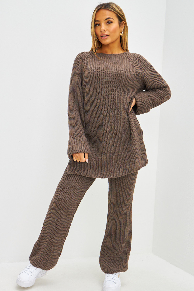 Ensemble 2 pièces pull long + pantalon en grosses mailles taupe