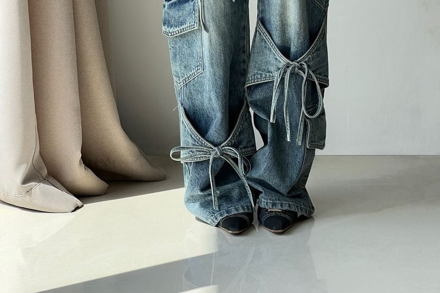 Rosesand - Low Rise Washed Bow Accent Straight-Fit Wijde Pijpen Jeans