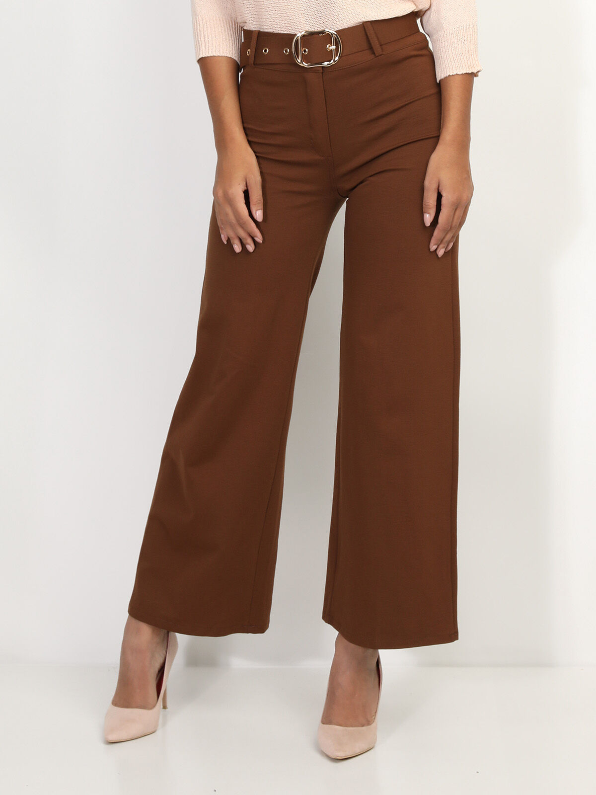 Pantalon évasé avec ceinture- Marron