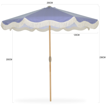 Parasol strand blauw/wit streep met franjes Ø 250 cm