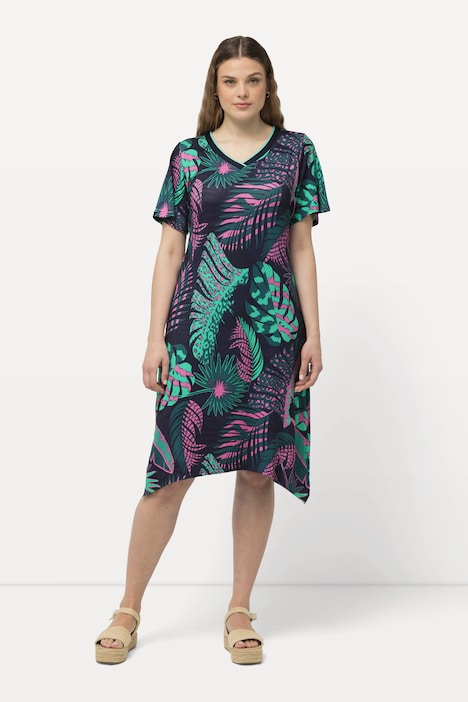 Jersey-Midikleid, Palmen, A-Linie, V-Ausschnitt, Halbarm