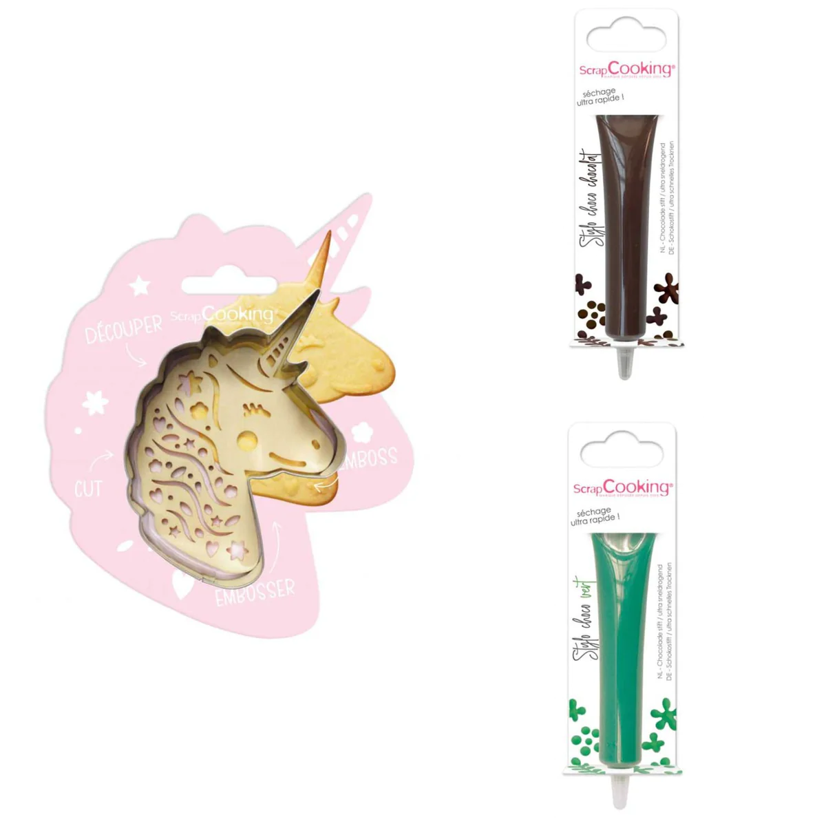 Kit pour biscuit en relief Licorne + 2 Stylos au chocolat marron et ve