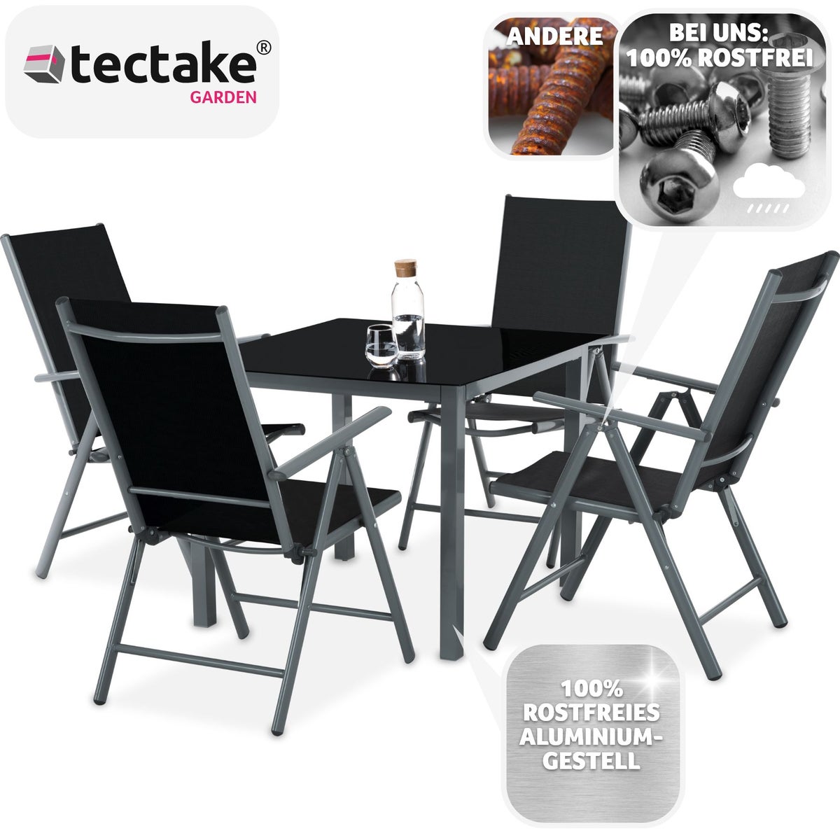 tectake Stabia zitgroep met aluminium frame, voor 4 personen, tafel met veiligheidsglasplaat en stelschroeven