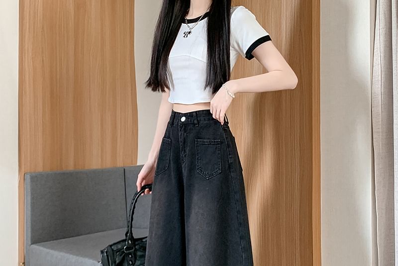 Okalpis - High-Rise Washed Wide-Leg Bell Bottom Jeans