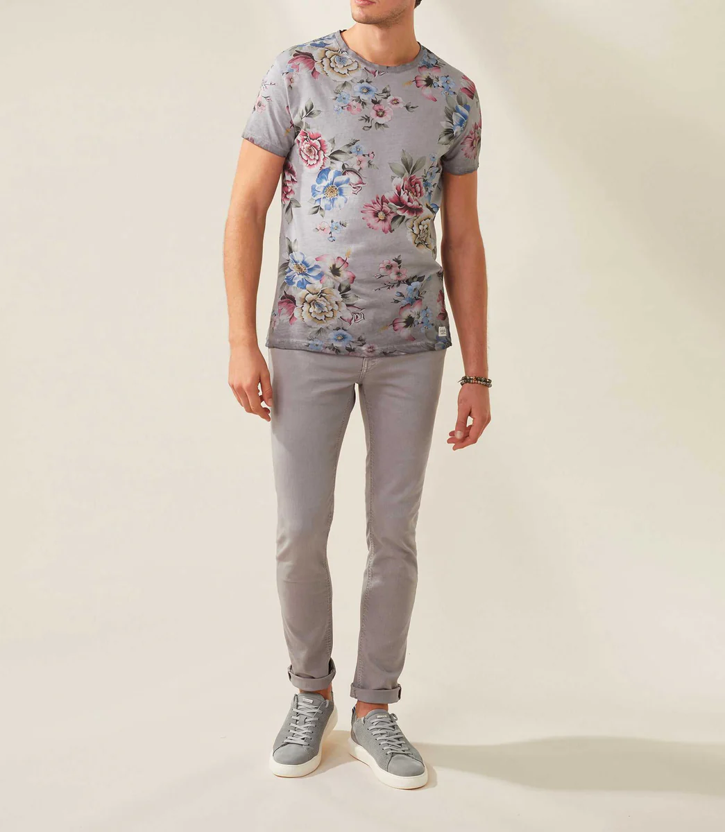 T shirt col rond imprime gris-clair 