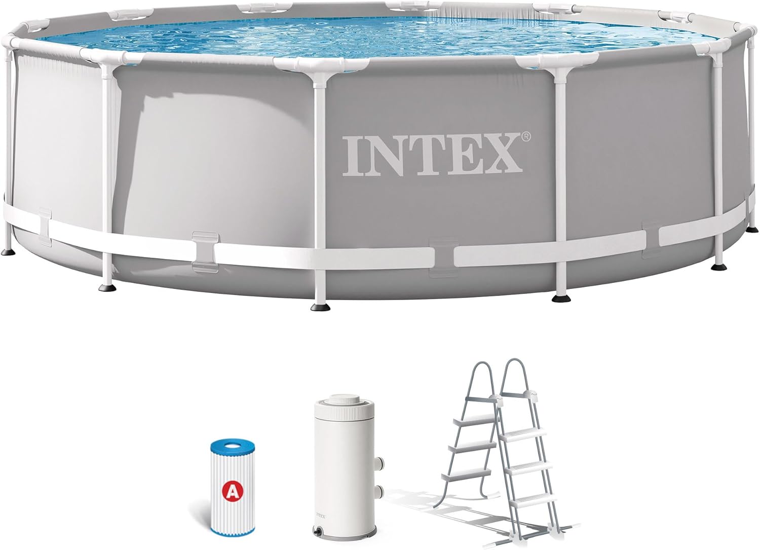 Intex 26716NP – Aufstellpool Prism Frame Rund, Filterpumpe 2006 L/h, Leiter, 8592 L, Stahl und PVC, Grau, 366x99 cm