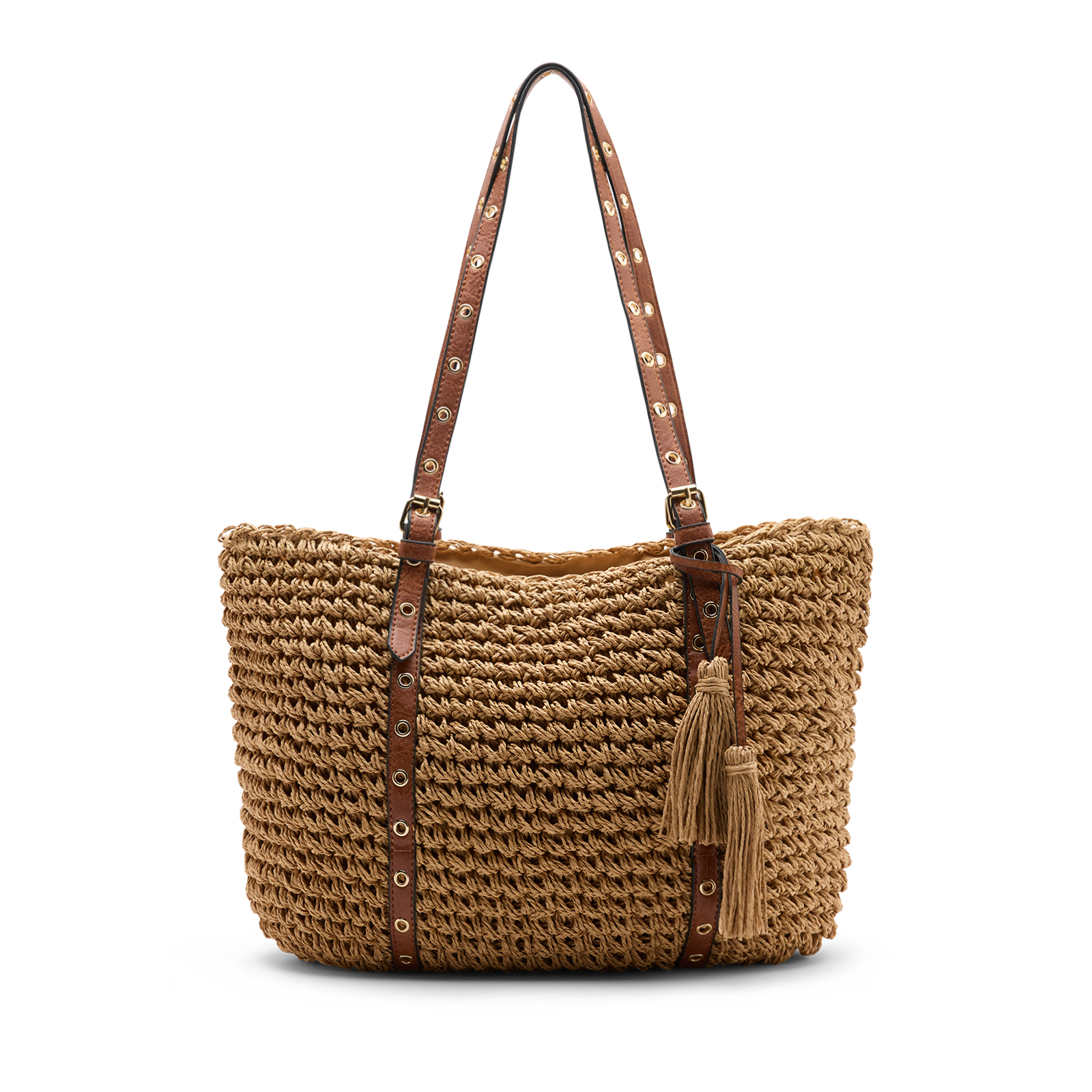 Beige raffia schoudertas