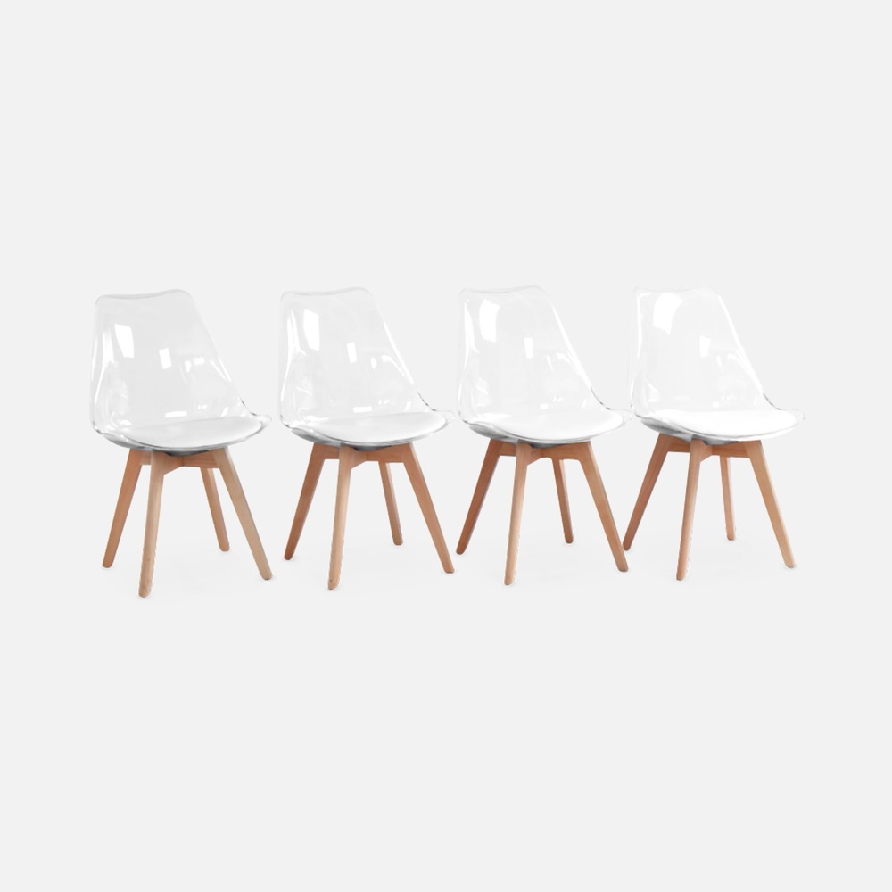 Lot de 4 chaises scandinaves - lagertha - pieds bois. Fauteuils 1 place. Coussin blanc. Coque transparente