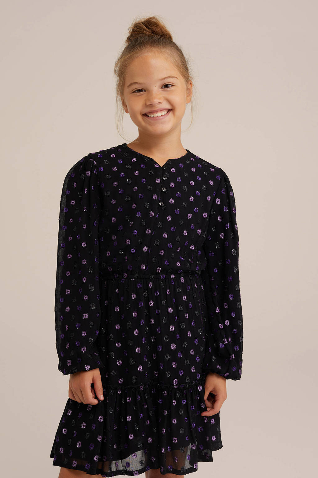 WE Fashion blousejurk met stippen en glitters zwart/paars