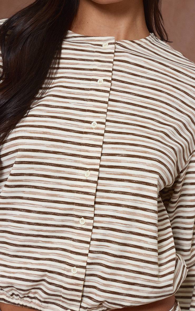 Marron Foncé Haut Coordonné Boutonné Décontracté En Maille Côtelée Douce À Rayures