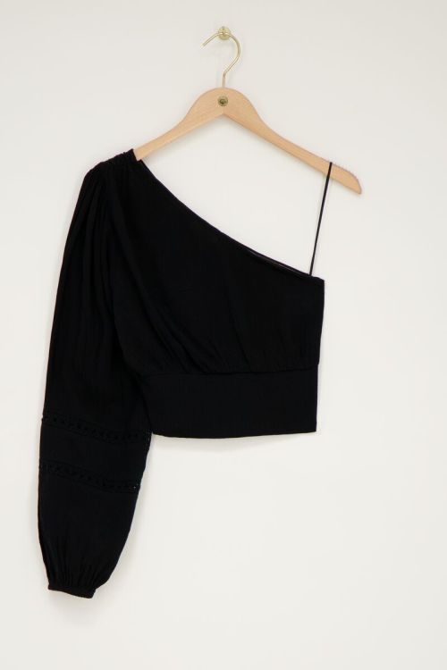 Zwarte one-shoulder top met smock en tapes
