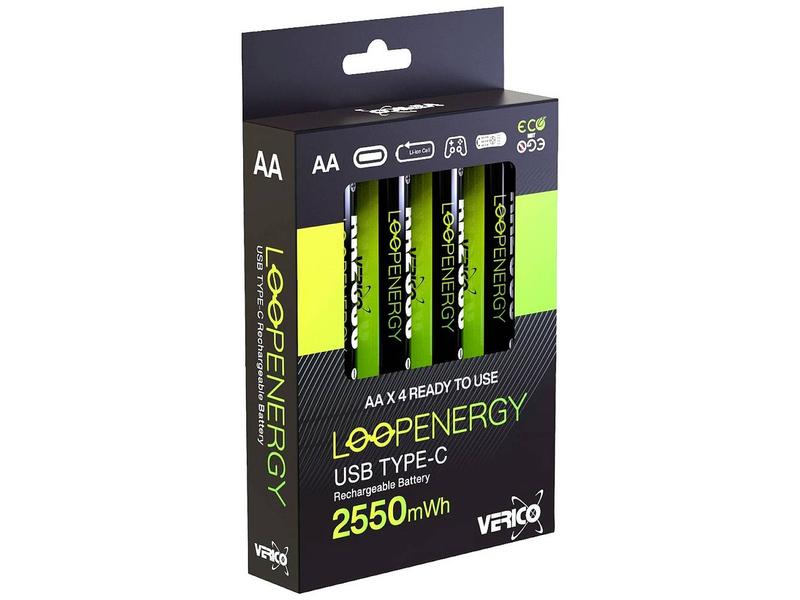 Verico Akku Li-Ion AA mit USB-C 1700 mAh, 4 Stück AA-Akkus mit USB-C-Ladeanschluss