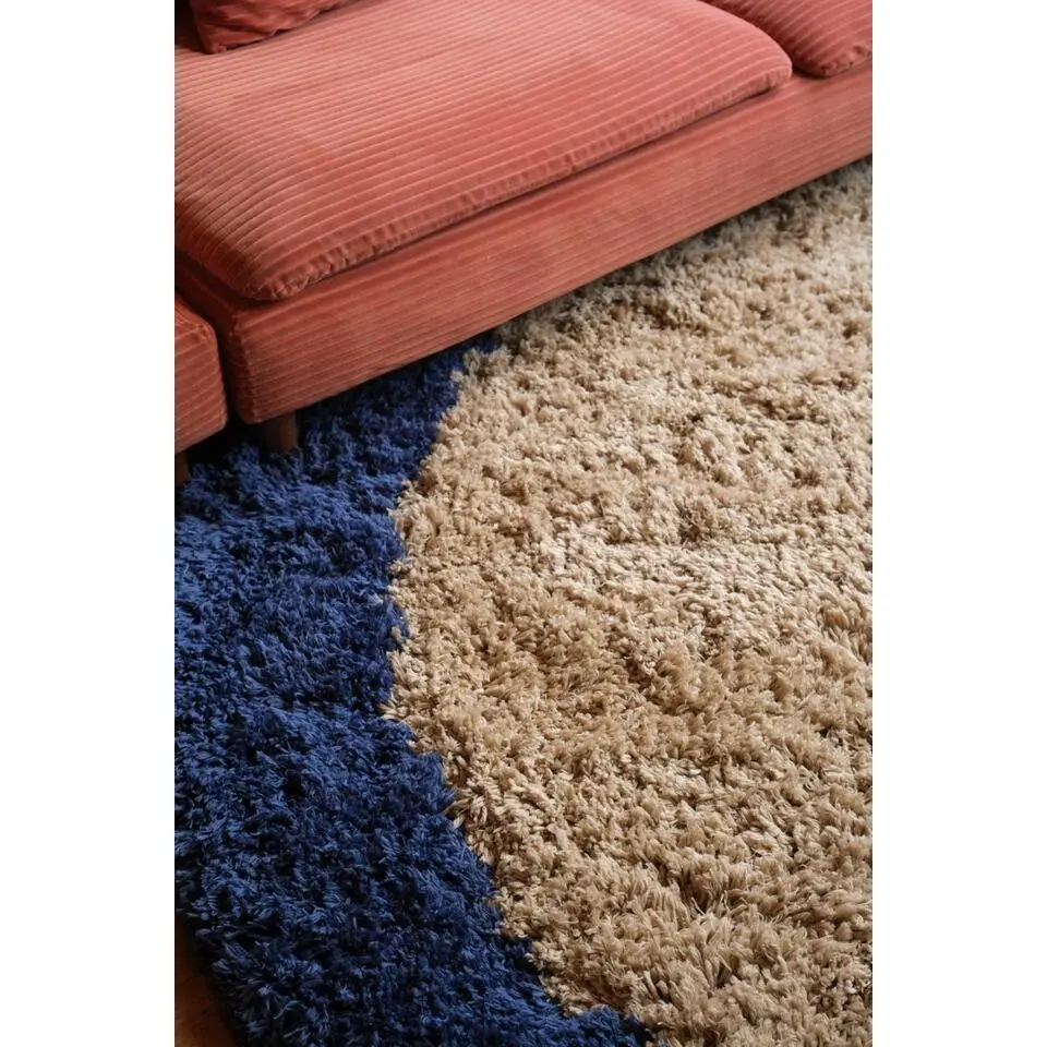 Interieur05 rond hoogpolig vloerkleed polyester Pilo beige/blauw - 160 x 160 cm