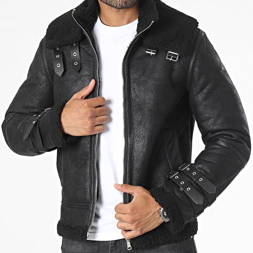 Veste Biker Col Mouton Noir