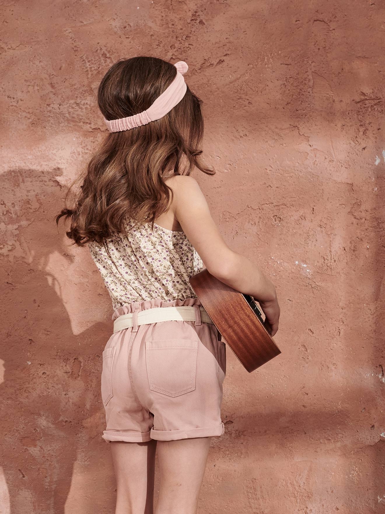 Shorts estilo paperbag com cinto de chiffon de algodão para meninas na cor verde-água