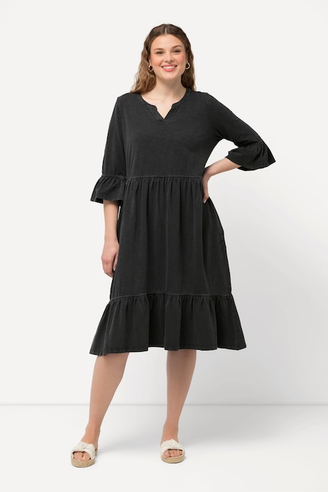Jerseykleid, Volants, A-Linie, Tunika-Ausschnitt, 3/4-Arm