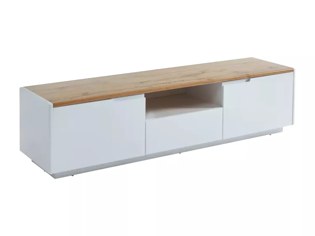 Meuble TV AMANI - 2 portes & 1 tiroir - MDF - Coloris: Blanc laqué et chêne