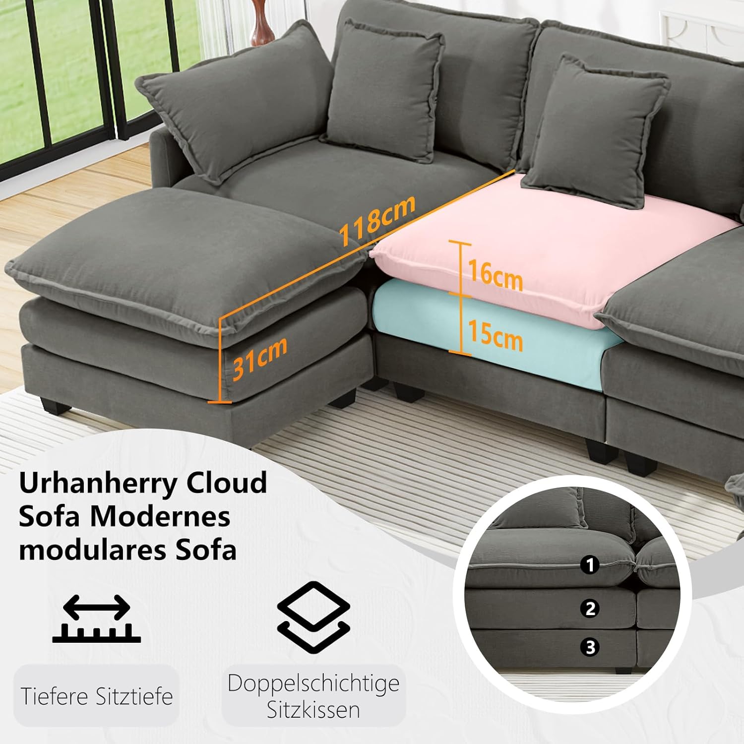 Sofa U Form, Bequeme Cloud Couch 6 Sitzer mit 2 Ottomane Sektionssofa, Atmungsaktivem Chenille-Stoff, Couch für Wohnzimmer Schlafzimmer, Dunkelgrau