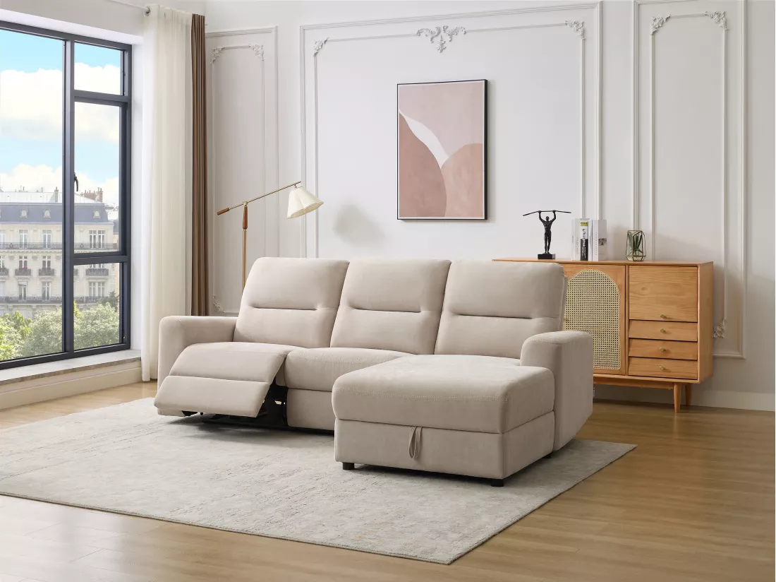 Canapé d'angle droit relax électrique avec rangements en tissu beige BURIOCA