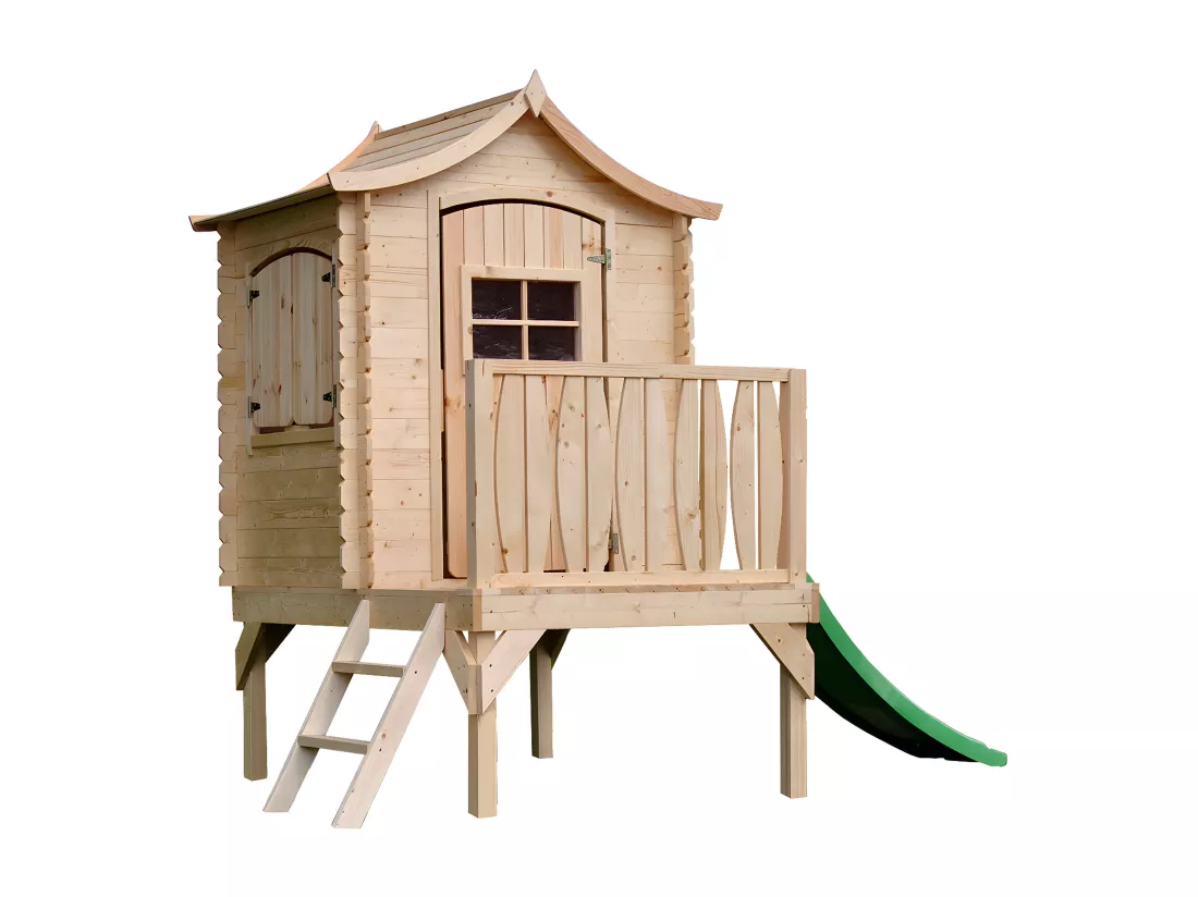 Maisonnette en bois avec toboggan - 112x146xH212cm/1.1m2 - Timbela M550A