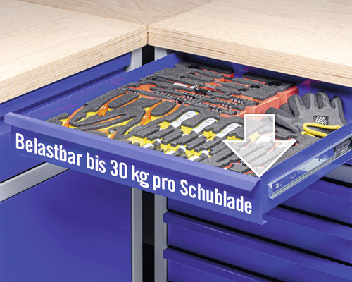 Industriële werkbank B 1.0, 1770 x 880 x 700 mm, 3 deuren, 3 laden, grijs/blauw