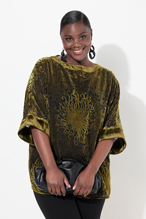 Bluse, Ausbrenner-Samt, Oversized, Rundhals, Halbarm
