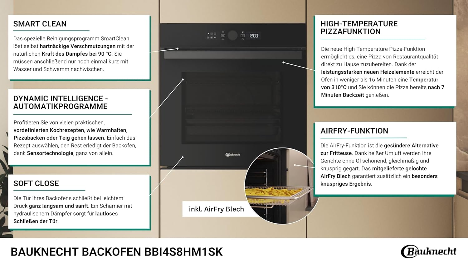 Bauknecht BBI4S8HM1SK Einbau-Heißluftbackofen/ 60 cm, 73 l/Multi-Level-Kochen/AirFry-Funktion/PowerHeißluft/High-Temperature Pizzafunktion/Dynamic Intelligence/Active Multiflow