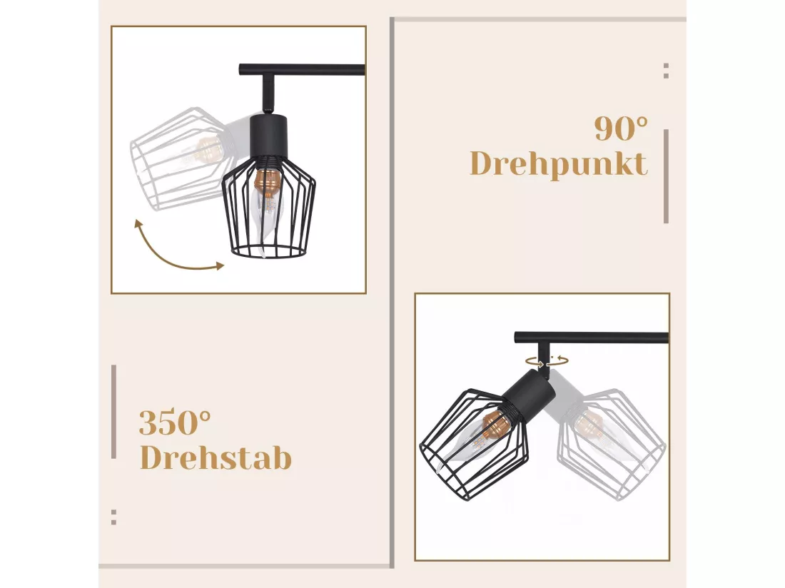 NETTLIFE Plafonnier E14 6 flammes spot de plafond noir spot industriel LED rotatif 350° dimmable