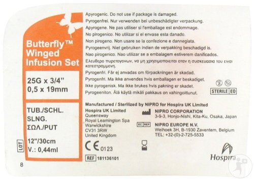 Hospira Butterfly-25G Aiguille À Ailettes Pour Perfusion 1 Pièce
