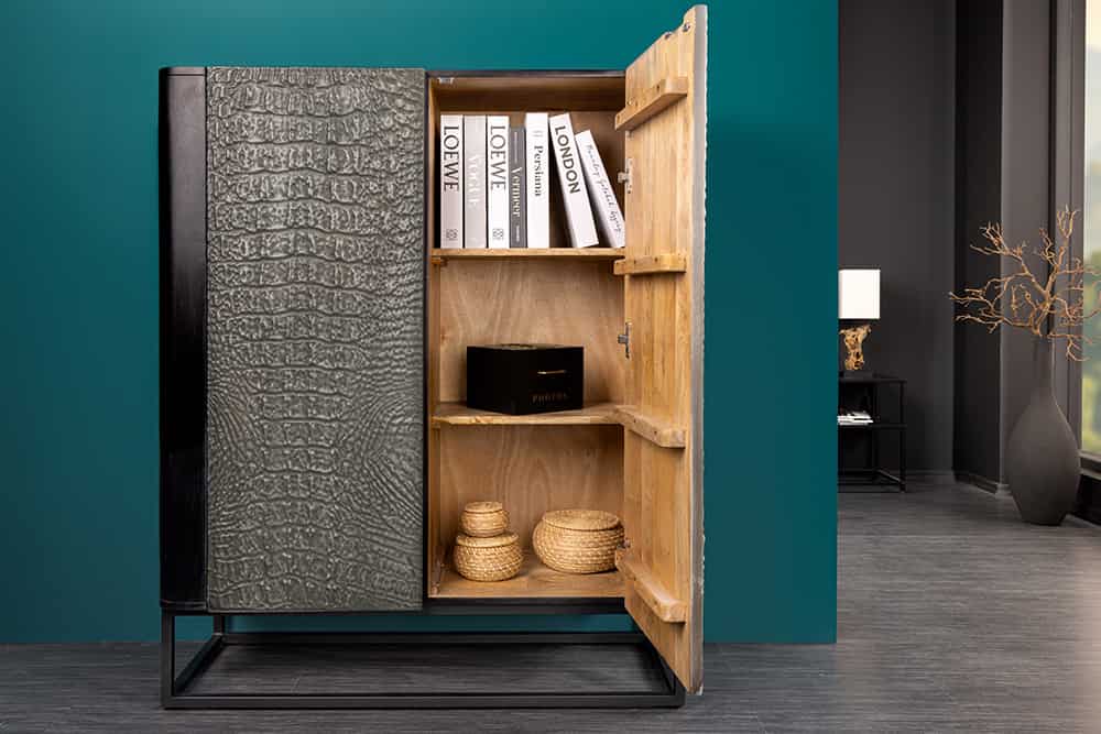 Handgefertigtes Highboard CROCO 120cm grau schwarz Mangoholz massiv 3D-Design