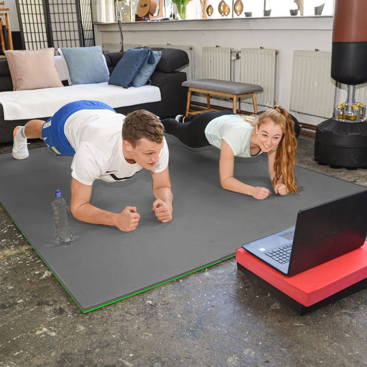 1m² Vloerbescherming Fitnessmat - 4 Oefenmatten 50x50x2cm Groen Grijs
