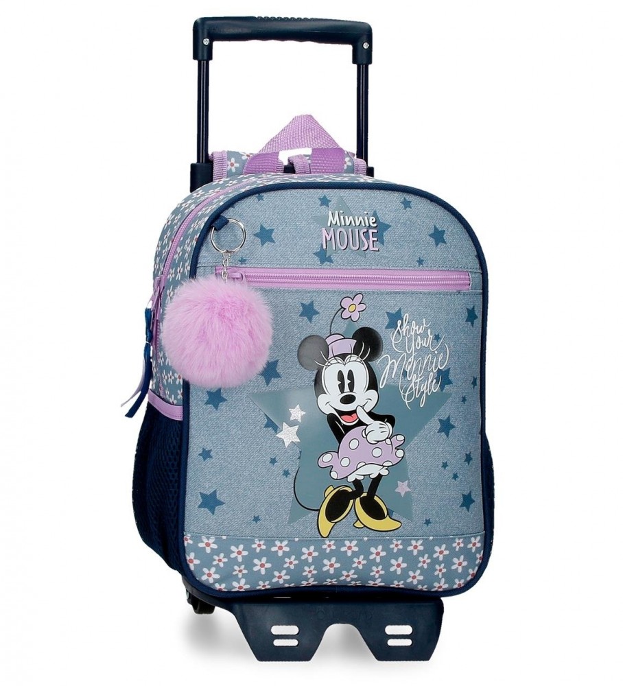 Mochila pré-escolar Disney estilo Minnie com rodinhas - Azul - 23x28x10cm -