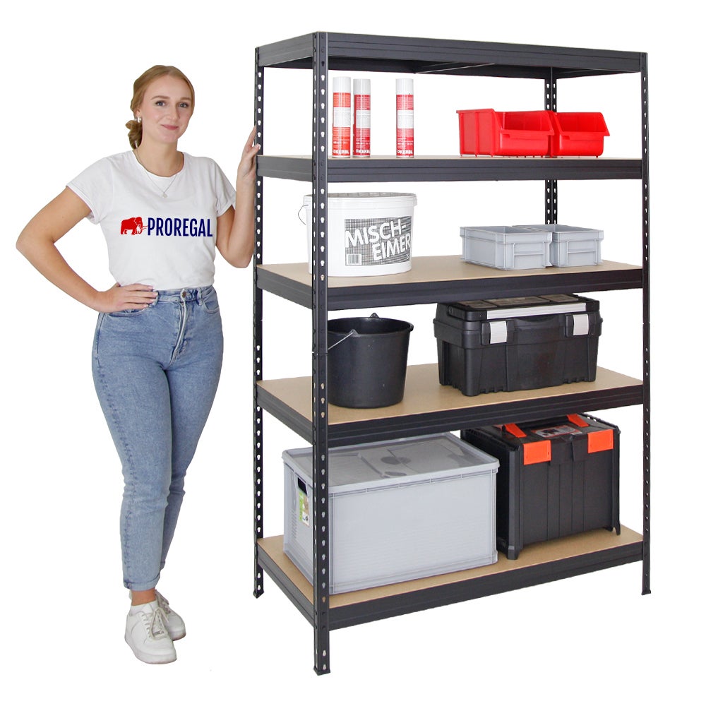 PROREGAL Rivet Heavy-Duty stellingkast (H x B x D): 180 x 120 x 60 cm, draagvermogen van de stelling: 250 kg, innovatief insteeksysteem, zwart