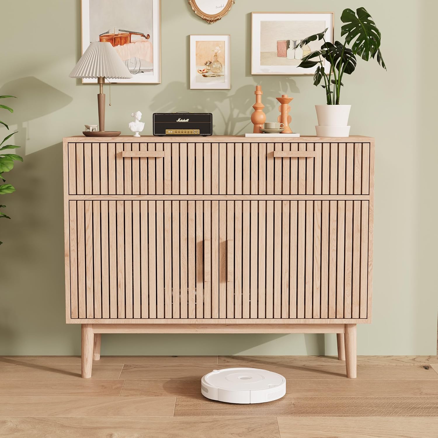Rattan Sideboard Kommode mit 2 Schublanden und 2 Türen,100x35x80 cm Küchenschrank, Aufbewahrungskommode, Rattan Sideboard Schrank Beistellschrank, kommode Schmal, Modern Schrank für Wohnzimmer