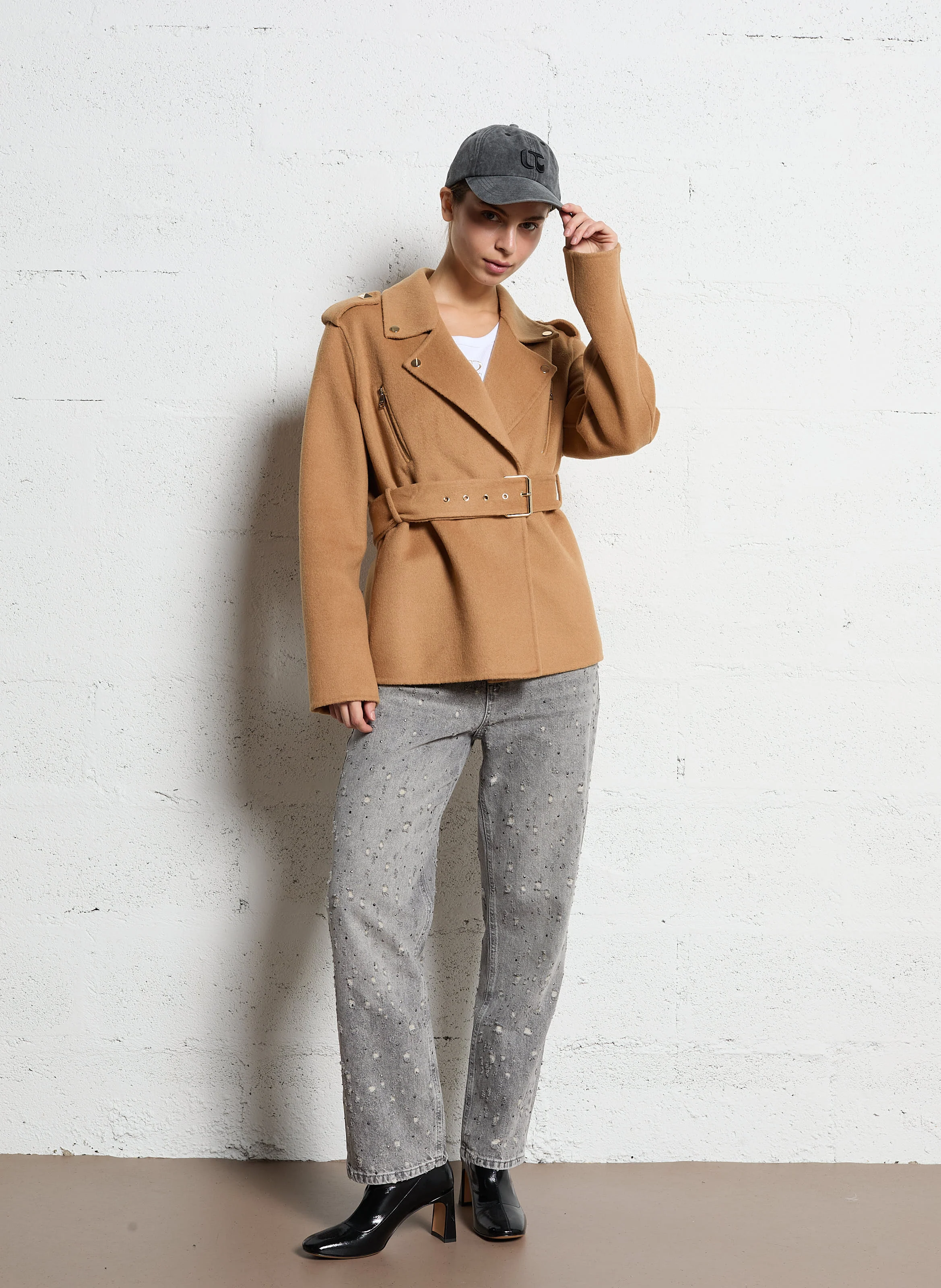 Jean droit taille haute en coton | Gris