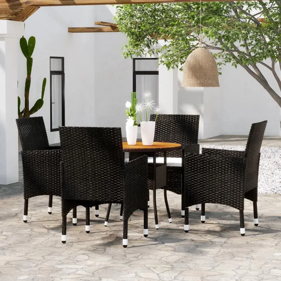 vidaXL - 5-delige Tuinset met kussens zwart - Poly rattan en hout - ø 80 cm