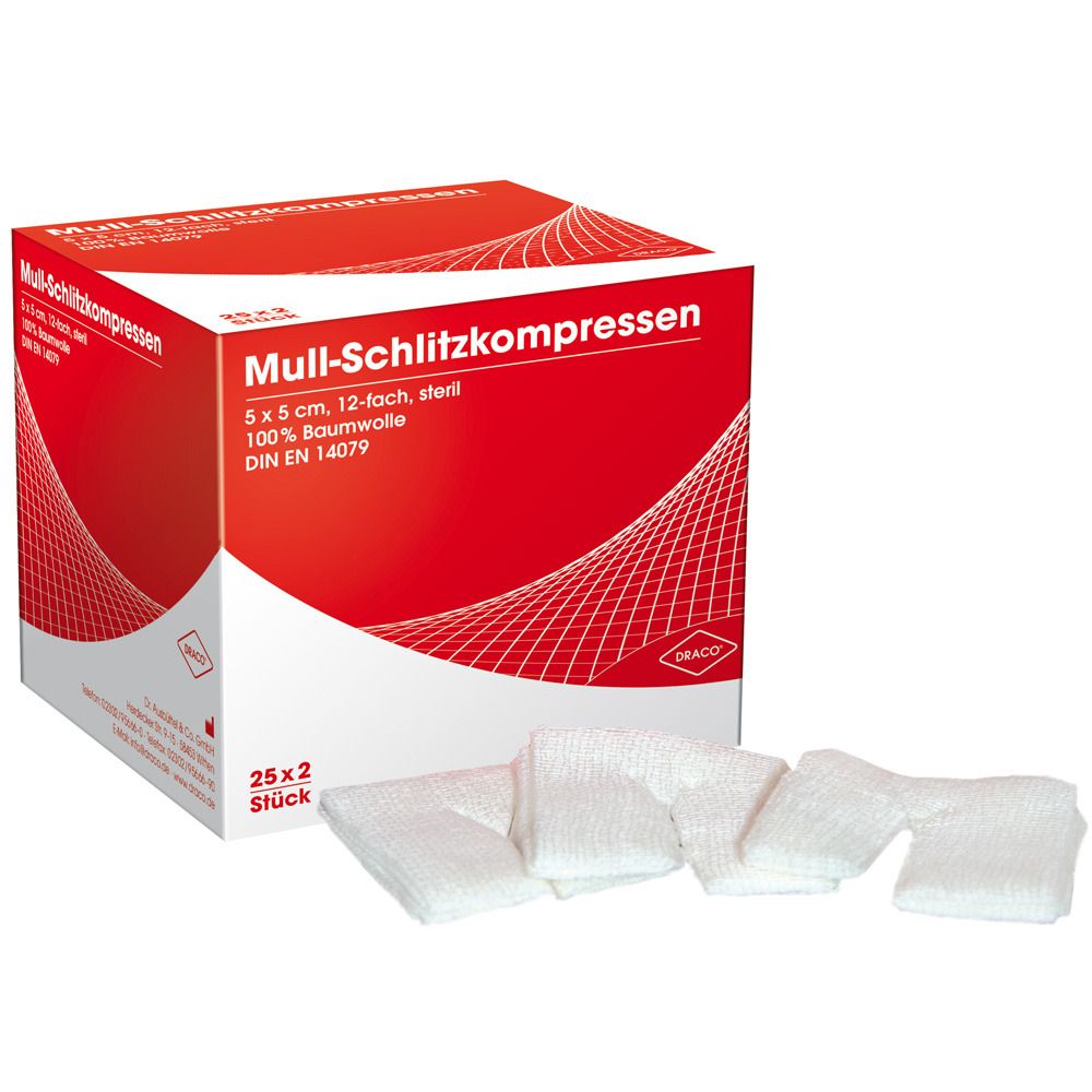 Draco Mull-Schlitzkompressen 12-fach steril 5 x 5 cm